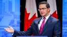 Candidate Pierre Poilievre makes a point at the Conservative Party of Canada English leadership debate in Edmonton, Alta., Wednesday, May 11, 2022. (THE CANADIAN PRESS/Jeff McIntosh)