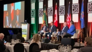 From left to right: Ranjith Narayanasamy, Chief Alvin Francis, Kent Campbell and Guy Lonechild participate in a panel discussion at day one of the Williston Basin Petroleum Conference. (Kaylyn Whibbs/CTV News Regina)