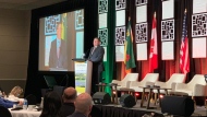 Premier Scott Moe gives his keynote address to members of the energy and resource sector at day one of the Williston Basin Petroleum Conference.  (Kaylyn Whibbs/CTV News Regina)


