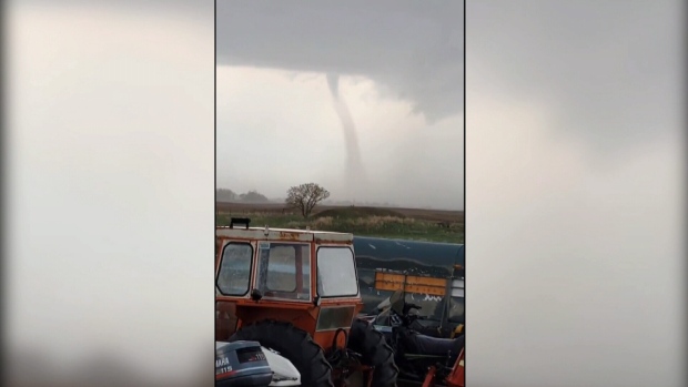 What was initially classified as a "probable tornado" by Environment and Climate Change Canada is seen in a still from a video taken near Keeler, Sask. on May 17, 2022. (Courtesy: Rob Been)