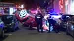 Montreal police is investigating the events leading up to a collision between a vehicle and a taxi early Wednesday morning. (Cosmo Santamaria/CTV News)