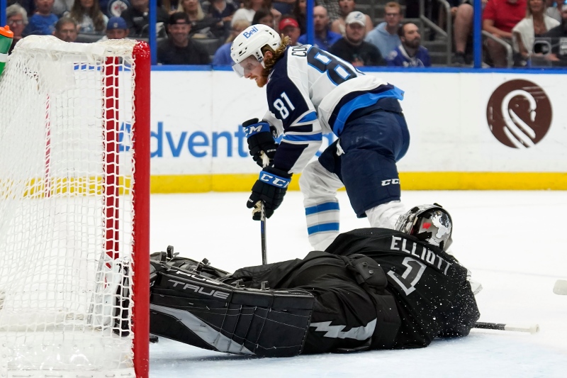 Winnipeg Jets left wing Kyle Connor (81) scores past Tampa Bay Lightning goaltender Brian Elliott (1) during the first period of an NHL hockey game Saturday, April 16, 2022, in Tampa, Fla. (AP Photo/Chris O'Meara)