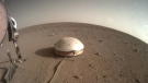 The InSight lander's dome-covered seismometer, known as SEIS, on the surface of Mars, on Feb. 18, 2020. (NASA / JPL-Caltech via AP)