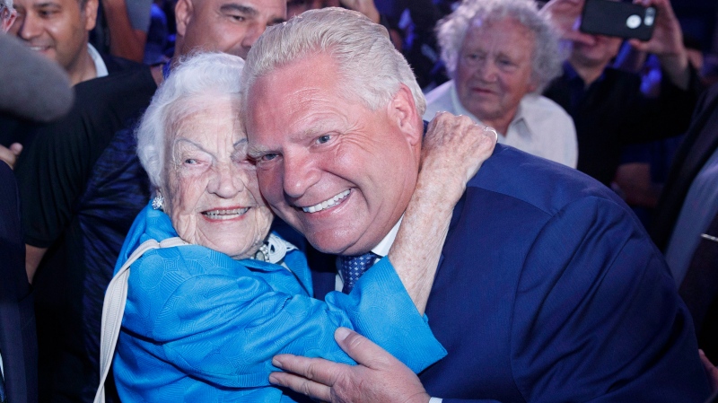 Ontario PC leader Doug Ford is congratulated by former Mississauga mayor Hazel McCallion after winning a majority government in the Ontario Provincial election in Toronto, on Thursday, June 7, 2018. THE CANADIAN PRESS/Mark Blinch