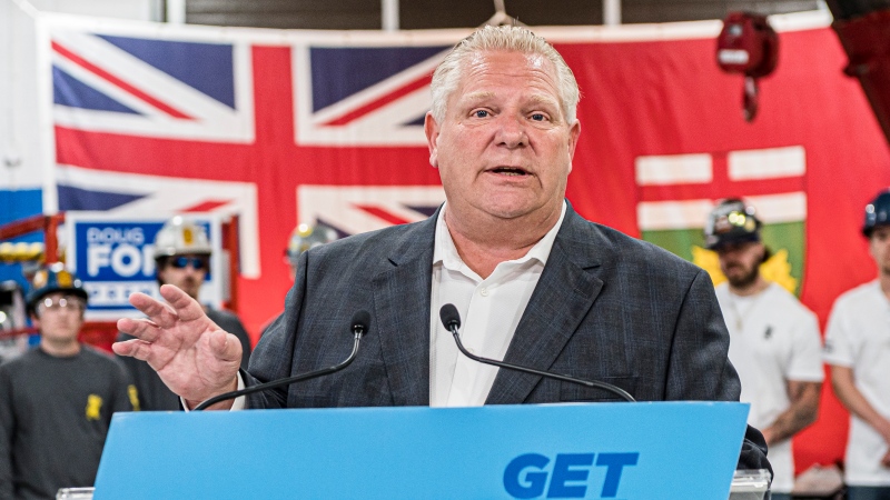 Ontario Premier Doug Ford makes a campaign stop at the Finishing Trades Institute of Ontario, in North York, Ont., on Tuesday, May 17, 2022. THE CANADIAN PRESS/Christopher Katsarov