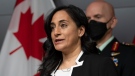 Chief of the Defence Staff Wayne Eyre looks on as Minister of Defence Anita Anand speaks during an event releasing the Advisory Panel on Systematic Racism and Discrimination final report during an event, Monday, April 25, 2022 in Ottawa. THE CANADIAN PRESS/Adrian Wyld