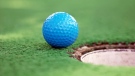 A blue mini golf ball is shown near a hole. (Getty Images)