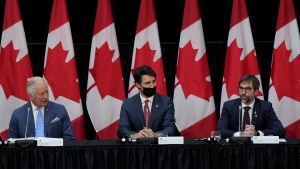 Prince Charles, Prime Minister Justin Trudeau and Environment Minister Steven Guilbeault (right) take part in a sustainable finance roundtable meeting in Ottawa as part of the Canadian Royal Tour, Wednesday, May 18, 2022. (Paul Chiasson/THE CANADIAN PRESS)