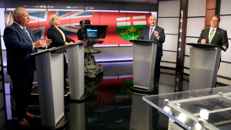 Ontario Progressive Conservative Party Leader Doug Ford, left to right, Ontario New Democratic Party Leader Andrea Horwath, Ontario Liberal Party Leader Steven Del Duca and Green Party of Ontario Leader Mike Schreiner debate during the Ontario party leaders' debate, in Toronto, Monday, May 16, 2022. THE CANADIAN PRESS/Frank Gunn
