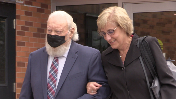 Paul Sadlon, 89, leaves the Barrie, Ont. courthouse with his lawyer Karen Jokinen on Wed., May 18, 2022. (Mike Arsalides/CTV News) 