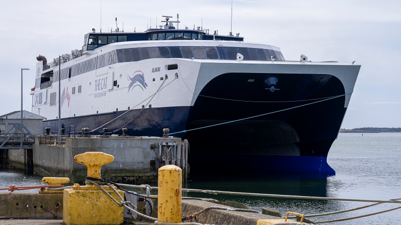 The Cat, a fast ocean-going catamaran car and passenger ferry, is berthed in Yarmouth, N.S on Saturday, May 7, 2022. (THE CANADIAN PRESS/Andrew Vaughan)