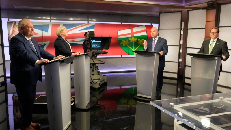 Ontario Progressive Conservative Party Leader Doug Ford, left to right, Ontario New Democratic Party Leader Andrea Horwath, Ontario Liberal Party Leader Steven Del Duca and Green Party of Ontario Leader Mike Schreiner debate during the Ontario party leaders' debate, in Toronto, Monday, May 16, 2022. THE CANADIAN PRESS/Frank Gunn