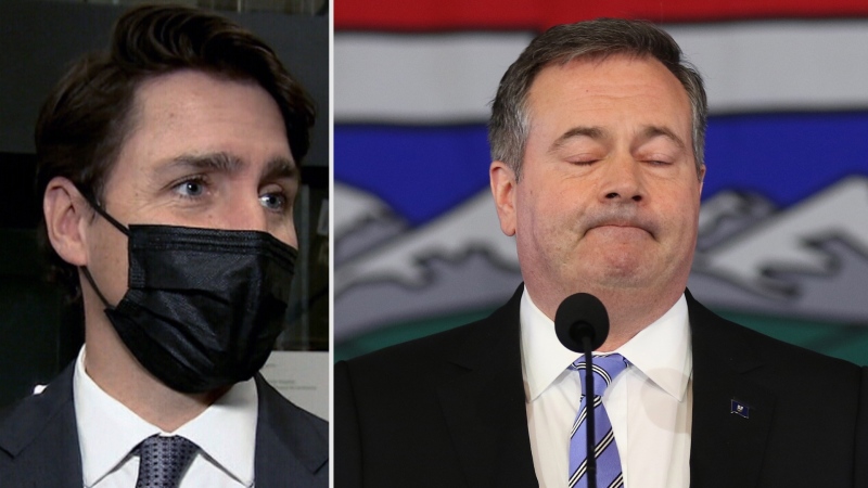Composite photo of Prime Minister Justin Trudeau and Alberta Premier Jason Kenney speaking in response to the results of the United Conservative Party leadership review in Calgary on Wednesday May 18, 2022.. THE CANADIAN PRESS/Dave Chidley 
