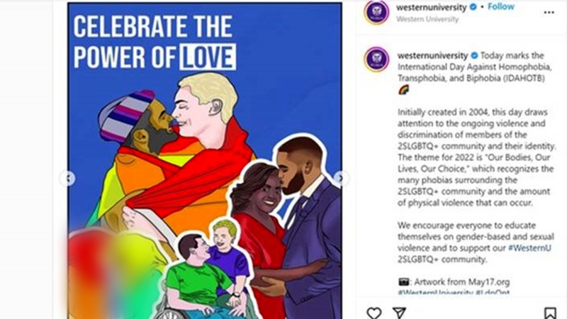 Western University received backlash on Instagram after posting this image to mark International Day Against Homophobia, Transphobia and Biphobia, May 17, 2022. CTV News has blurred the image. (Source: Western University/Instagram)