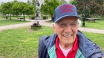 Second World War Veteran Tom Hennessy stands in Victoria Park in London, Ont. on May 19, 2022. (Sean Irvine/CTV News London)