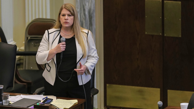 Rep. Wendi Stearman, R-Collinsville urges lawmakers to vote yes on House Bill 4327 during debate in the House of Representatives at the state Capitol in Oklahoma City, Thursday, May 19, 2022. (Nathan J Fish/The Oklahoman via AP)