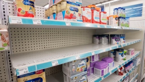 Shortages of many popular brands of baby formula are seen on a pharmacy shelf, Monday, May 16, 2022 in Montreal. (THE CANADIAN PRESS/Ryan Remiorz)