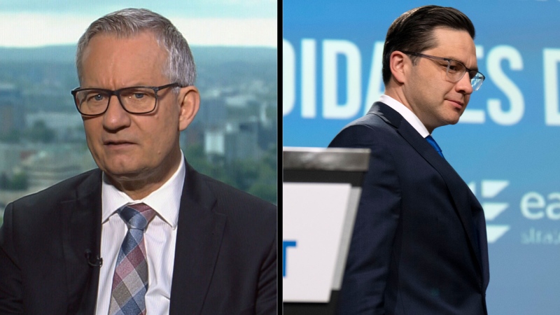 Conservative leadership candidate Pierre Poilievre takes his place on stage during a debate at the Canada Strong and Free Network conference, in Ottawa, Thursday, May 5, 2022. THE CANADIAN PRESS/Adrian Wyld