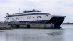The CAT, a fast ocean-going catamaran car and passenger ferry, is berthed in Yarmouth, N.S on Saturday, May 7, 2022. (THE CANADIAN PRESS/Andrew Vaughan)  