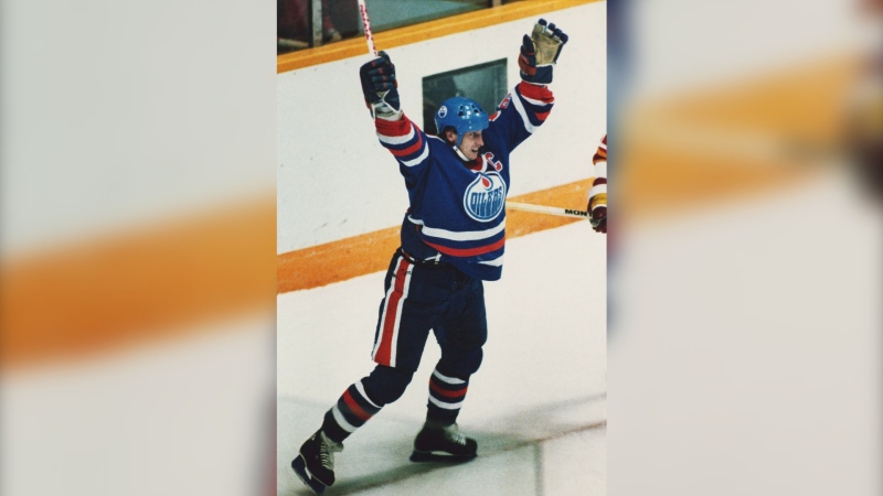 Edmonton Oilers, Wayne Gretzky, celebrates one of his three goals and two assists as the Oilers defeat the Calgary Flames in playoff hockey in Calgary, April 24, 1986. THE CANADIAN PRESS/Dave Buston
DAVE BUSTON