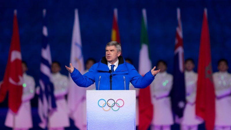 International Olympic Committee President Thomas Bach speaks during the closing ceremony of the 2022 Winter Olympics, on Feb. 20, 2022. (Bernat Armangue / AP) 