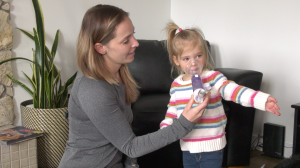 Valerie Caron said her two-year-old daughter, Eden Gramson, began experiencing allergy-like symptoms, a chronic runny nose, difficulty breathing and coughing at night when she was about four months old. (Nicole Di Donato/CTV News)