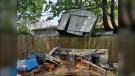 Wind damage lifted a shed off the ground in east London, Ont. on May 21, 2022 during a severe thunderstorm. (Source: Brian Scott)