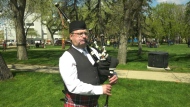 Iain MacDonald plays his bagpipes at the Regina Highland Gathering and Celtic Festival on May 21, 2022. (Donovan Maess/CTV News Regina)