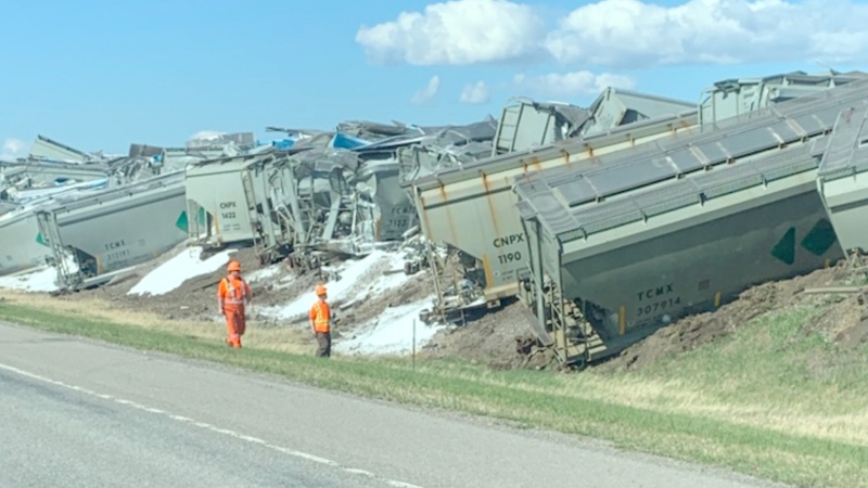 A total of 43 CP Rail cars carrying potash were involved in a derailment east of Fort Macleod on May 22, 2022. (Photo courtesy Raymond Roach)