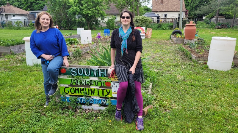 Tammy Murray, left, and Christine Paris volunteer at the South Merritt Community Garden on May 22, 2022. (Sanjay Maru/CTV News Windsor) 
