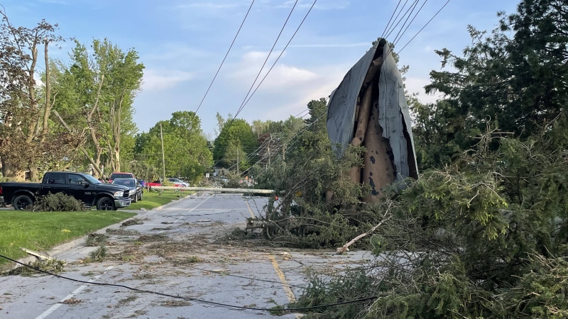 A power line in Uxbridge was destroyed in a severe thunderstorm on May 21, 2022. (Hydro One)