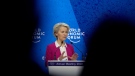 Ursula von der Leyen, President of the European Commission, speaks at the World Economic Forum in Davos, Switzerland on May 24, 2022. The annual meeting of the World Economic Forum is taking place in Davos from May 22 until May 26, 2022. (AP Photo/Markus Schreiber)