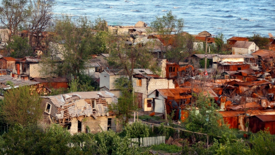Heavily-damaged private houses in Mariupol