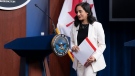 Canada's Minister of National Defense Anita Anand leaves the podium after a news conference with Secretary of Defense Lloyd Austin at the Pentagon, Thursday, April 28, 2022, in Washington. (AP Photo/Manuel Balce Ceneta)