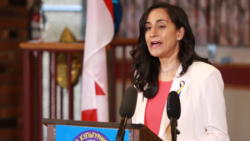 Minister of National Defence Anita Anand makes an announcement in support of Ukraine during a press conference at the Ukrainian Cultural Centre in Victoria, B.C., on Tuesday, May 24, 2022. THE CANADIAN PRESS/Chad Hipolito