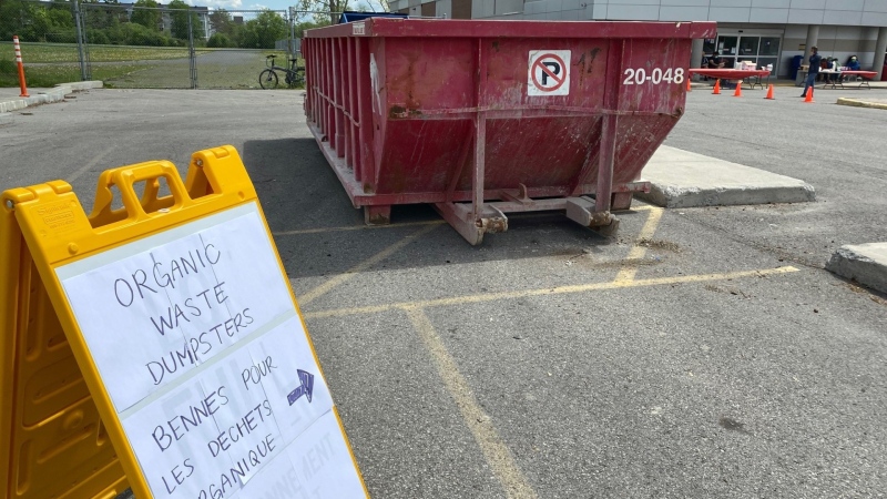 A dumpster at the Howard Darwin Arena on Merivale Road set up for people to throw out food spoiled since Saturday due to the power outage. (Natalie van Rooy/CTV News Ottawa)