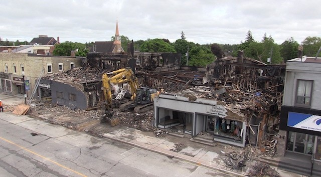 The burned-out remains of buildings in downtown Hanover, Ont. after a fire tore through multiple buildings on May 19, 2022. (Scott Miller/CTV News London)