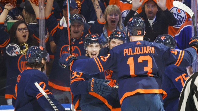 Edmonton Oilers centre Ryan Nugent-Hopkins, second left, celebrates his goal with teammates during first period NHL second-round playoff hockey action against the Calgary Flames in Edmonton, Tuesday, May 24, 2022.THE CANADIAN PRESS/Jeff McIntosh
Jeff McIntosh