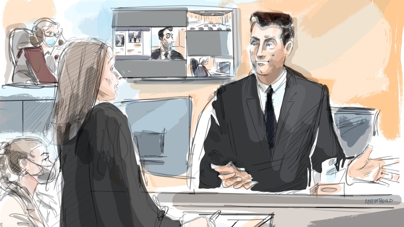 Defence counsel Megan Savard questions Jacob Hoggard at his sex assault trial in Toronto, Tuesday, May 24, 2022 as his wife Rebekah Asselstine (left) and Justice Gillian Roberts (top left) look on in this artist’s sketch. THE CANADIAN PRESS/Alexandra Newbould