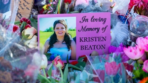 A photo of Nova Scotia mass shooting victim Kristen Beaton is displayed at a memorial in Debert, N.S. on Sunday, April 26, 2020. (THE CANADIAN PRESS/Andrew Vaughan)