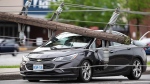 A utility pole lies across the front of a vehicle as motorists wait for crews to make sure they can leave safely, after power lines and utility poles came down onto the roadway during a major storm, on Merivale Road in Ottawa, on Saturday, May 21, 2022. (Justin Tang/THE CANADIAN PRESS)