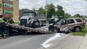 A gravel truck and a small SUV collided head-on around 11 a.m. on May 25, 2022. (Marek Sutherland/CTV News London)