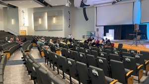 The Regina Board of Police Commissioners takes questions and discusses community needs like cracking down on speeders and racers at a town hall event on May 24 2022. (Donovan Maess/CTV News Regina)