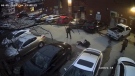 A still image from a surveillance video showing the moment Roberto Celli was shot in the legs in April 2019. On Wednesday, two men involved in the shooting were sentenced to eight years in prison. (Source: Montreal Superior Court)