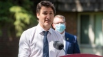 Prime Minister Justin Trudeau speaks at a media event at St. Ann’s Senior Citizens’ Village in Saskatoon, Wednesday, May 25, 2022. THE CANADIAN PRESS/Liam Richards