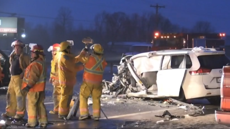 Emergency crews attend the scene of a wrong-way head-on collision in April 2018 on Highway 11 north of Orillia. (CTV News Barrie)