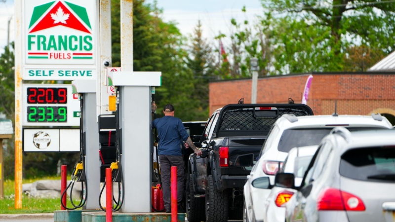 Drivers line up to buy gas as some stations run out due to increased demand in the Ottawa Valley, municipality of Mississippi Mills, Ont. on May 23, 2022. THE CANADIAN PRESS/Sean Kilpatrick