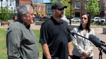 Family lawyers Rob Pineo, left, and Sandra McCulloch flank Nick Beaton, who lost his pregnant wife Kristen in the murder rampage, as they talk with reporters in Truro, N.S. on Wednesday, May 25, 2022. Pineo and McCulloch and other family lawyers are upset that several RCMP officers will not be testifying in person at the at the Mass Casualty Commission inquiry into the mass murders in rural Nova Scotia on April 18/19, 2020. Gabriel Wortman, dressed as an RCMP officer and driving a replica police cruiser, murdered 22 people. THE CANADIAN PRESS/Andrew Vaughan 