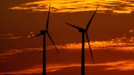 Wind turbines are silhouetted against the sky at sunset Dec. 17, 2021, near Ellsworth, Kan. The 300-foot-tall turbines are among the 134 units comprising the Post Rock Wind Farm. (AP Photo/Charlie Riedel, File) 