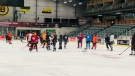 The Flin Flon Bombers practice at Affinity Place ahead of quarterfinals. (Brit Dort / CTV News)
